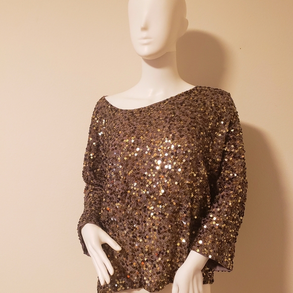 VINCE for Bergdorf Goodman Met. Sequin Silk Pewter Gold Top-L - Picture 9 of 10